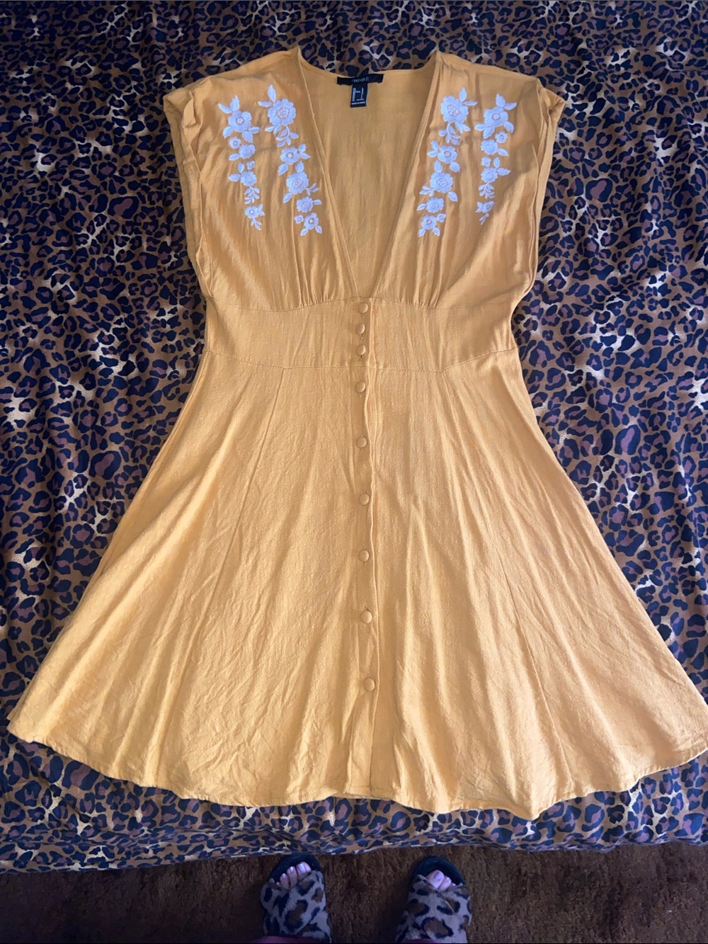GET 4 $5      Forever 21 Mustard Yellow Button-Front Dress with White Embroidery